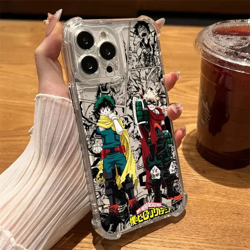 Clear hero academia deku shockproof tpu phone case with black and white anime characters and vibrant green and red accents