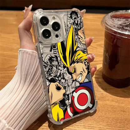 Clear phone case with vibrant hero academia deku illustration in red and white suit made of shockproof TPU material