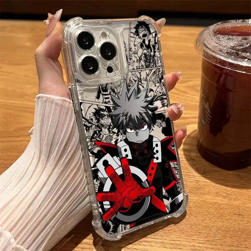 Back side of a clear shockproof tpu phone case featuring bold black and red hero academia deku comic design
