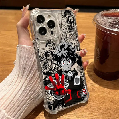 Clear shockproof tpu phone case featuring black and white hero academia deku with red handprint design on back side