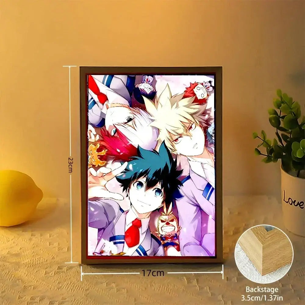 A rectangular wooden-framed my hero academia deku led light painting lamp with warm tones and 17cm by 23cm size