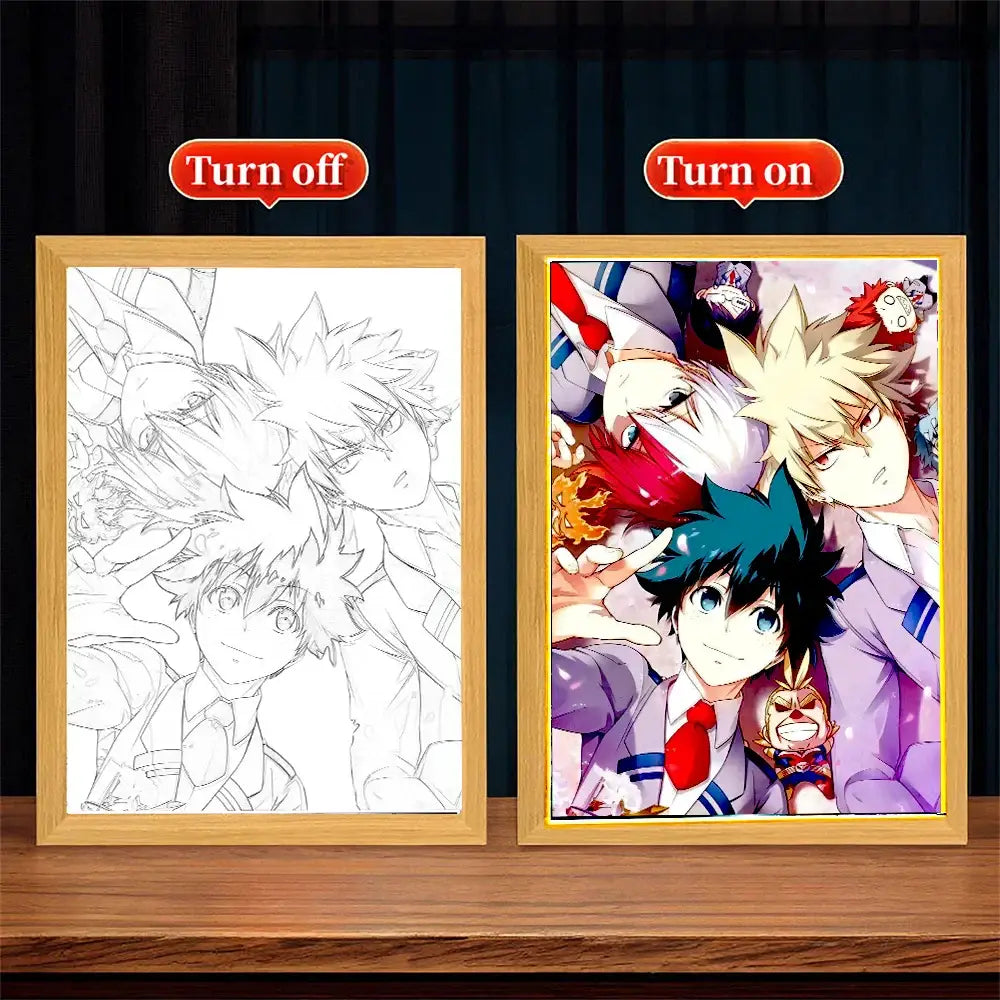 Wooden-framed my hero academia diamond painting featuring vibrant anime characters in an acrylic desk lamp photo frame