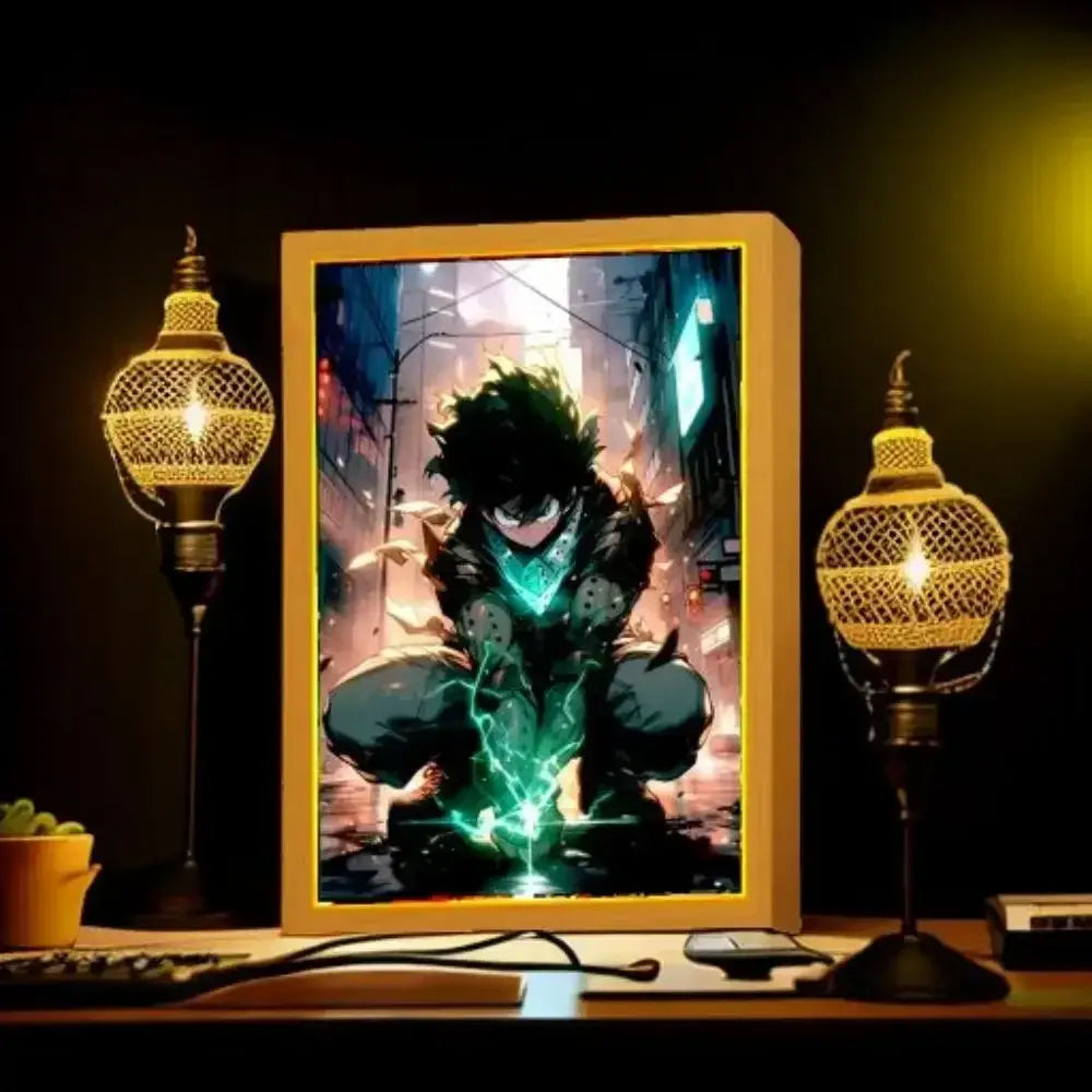 My hero academia deku acrylic desk lamp photo frame with glowing green energy and illuminated urban background design