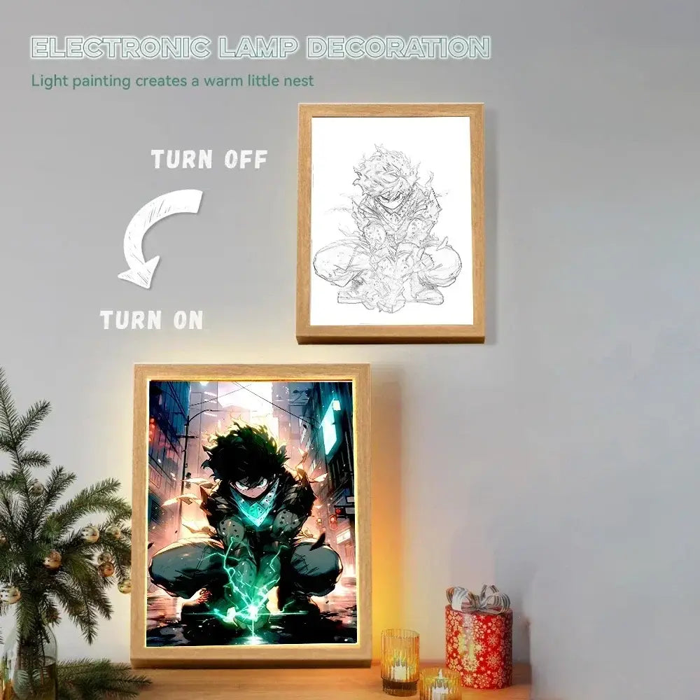 Wood-framed hero academia dekus glowing acrylic desk lamp with neon green energy photo frame decoration