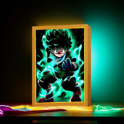 Glowing wooden-framed acrylic desk lamp featuring an illuminated my hero academia deku photo frame with green lightning effects