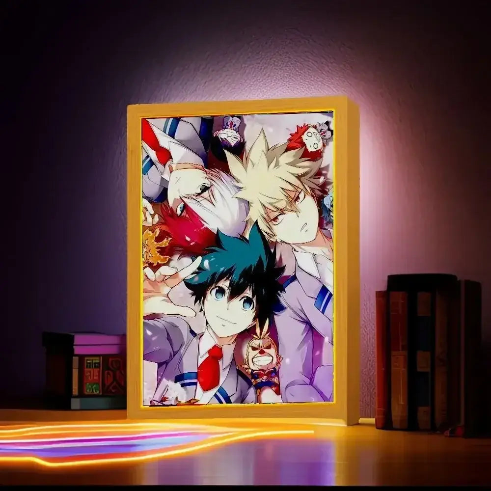 Yellow-framed acrylic desk lamp photo frame featuring illuminated my hero academia anime characters deku design