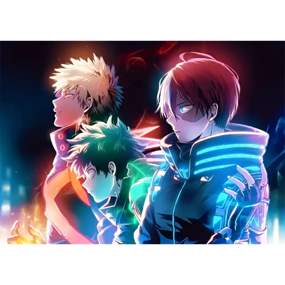 My hero academia deku canvas poster featuring three spiky hair anime characters with glowing neon accents and vibrant colors