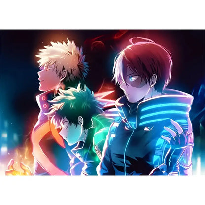 My hero academia deku canvas poster featuring three spiky hair anime characters with glowing neon accents and vibrant colors