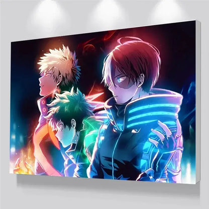 Vibrant hero academia deku canvas poster featuring three characters with glowing neon accents and colorful designs