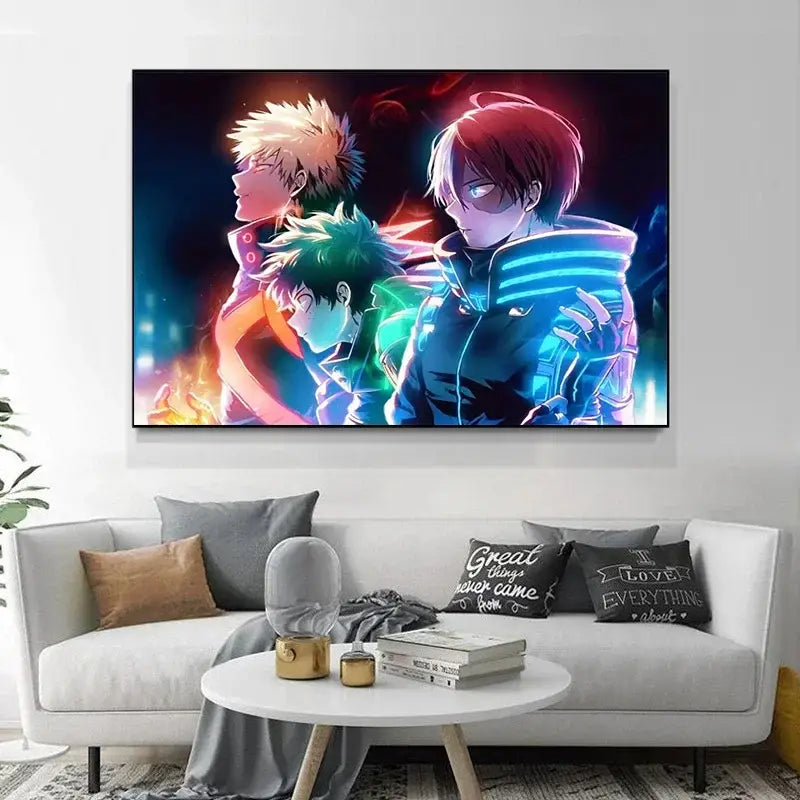 Vibrant hero academia deku canvas poster featuring three dynamic characters with neon accents and bold colors wall art