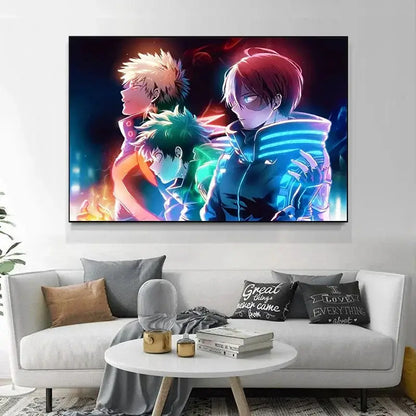 Vibrant hero academia deku canvas poster featuring three dynamic characters with neon accents and bold colors wall art