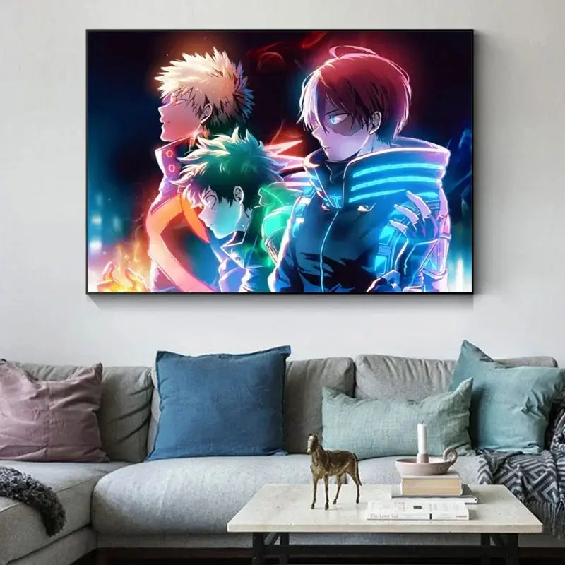 Vibrant neon-colored hero academia deku canvas poster featuring three glowing stylized figures in dynamic poses