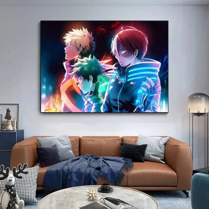 Vibrant neon-lit hero academia deku canvas poster featuring three dynamic anime characters on a dark glowing backdrop