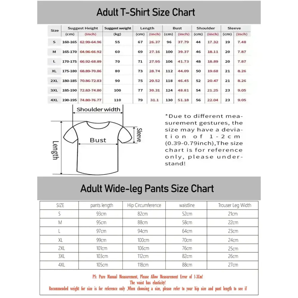 Adult t-shirt size chart with length bust shoulder and sleeve in cm and inches for hero academia deku pajama set