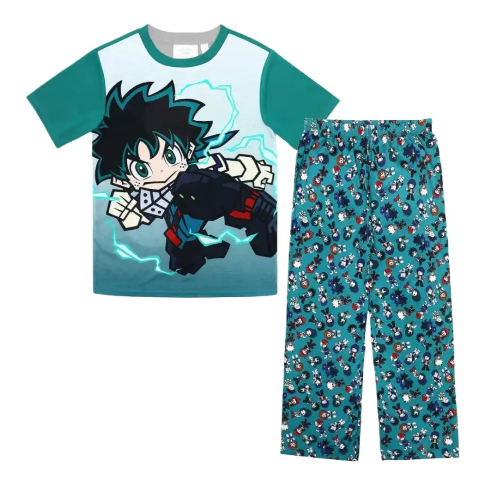Teal and white short-sleeved hero academia deku pajama set with large izuku midoriya graphic and printed pants