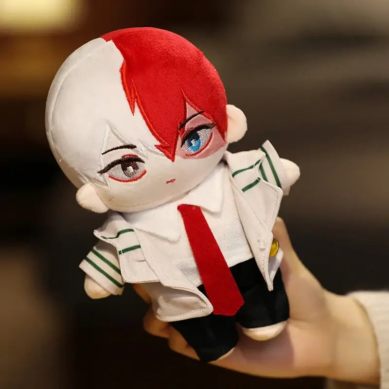My Hero Academia plush doll with red and white hair, blue eyes, soft fabric, wearing white jacket and red tie
