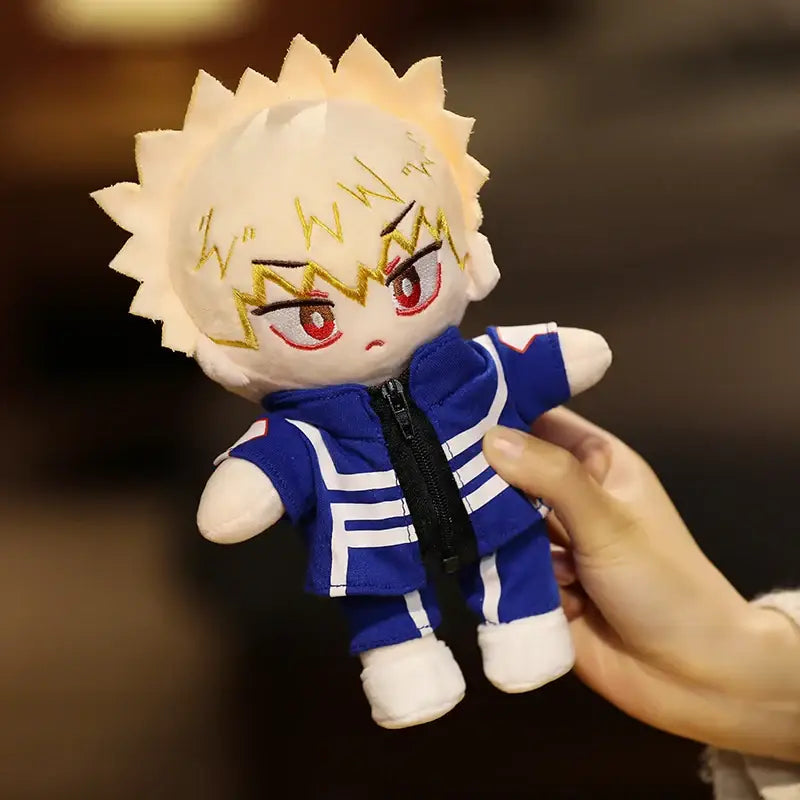 My Hero Academia Deku plush doll with spiky white hair, red eyes, gold lightning bolts, and blue soft plush tracksuit