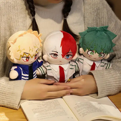 Three hero academia plush dolls featuring soft plush material and embroidered faces in school uniforms
