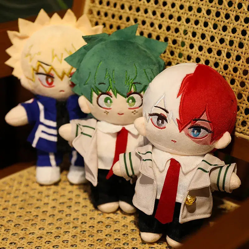 My hero academia plush doll set featuring three soft plush school uniform characters with blonde green and red hair