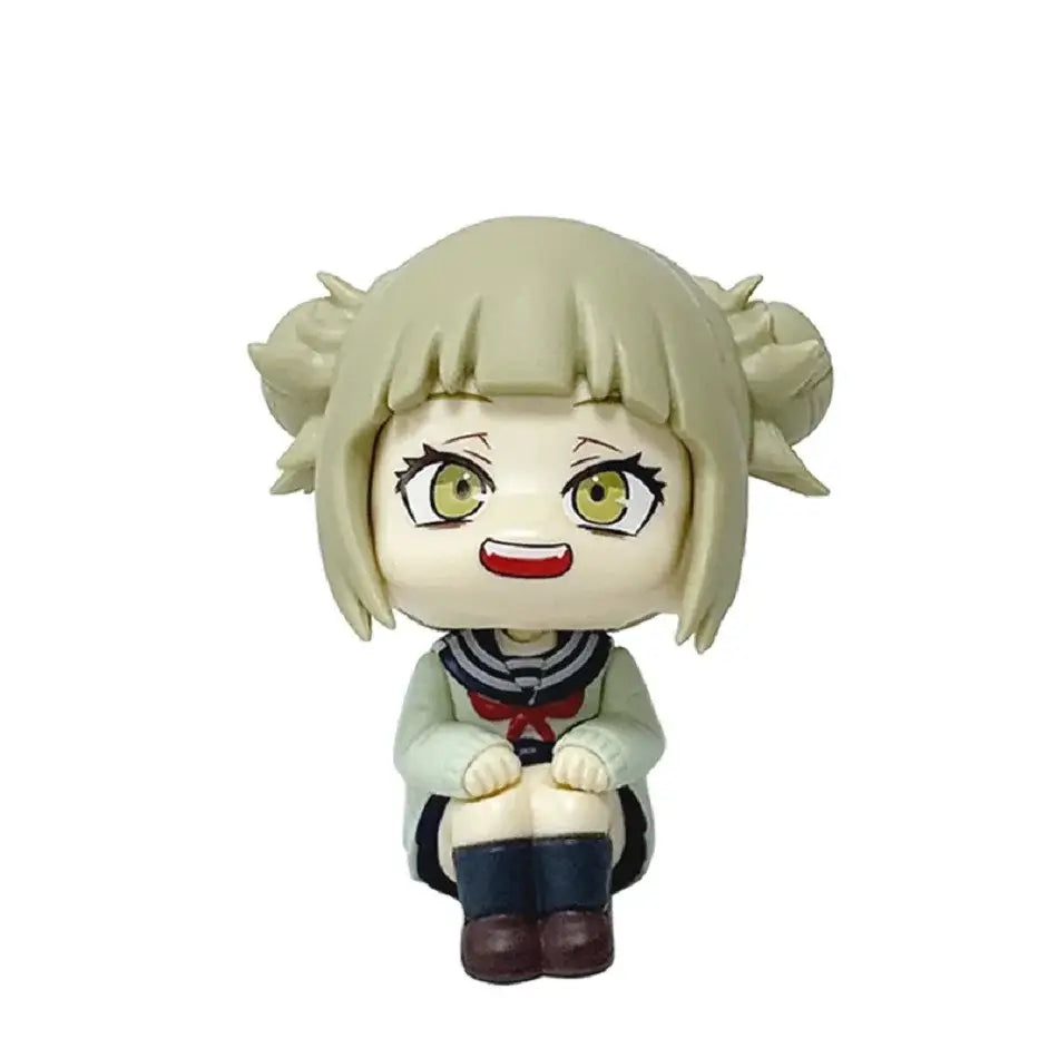 Chibi-style my hero academia deku pvc figure with light beige twin bun hair green eyes and navy blue school uniform