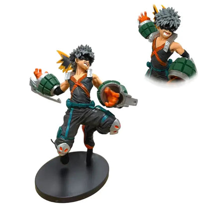 Dynamic my hero academia deku pvc figure with spiky gray hair, black orange outfit, green gauntlets, and silver knee guards