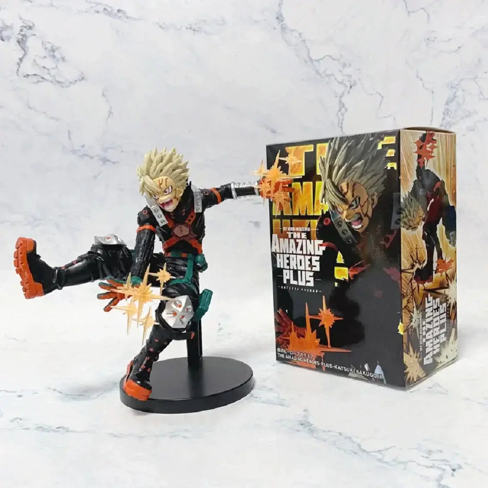 My hero academia deku pvc figure in black and orange with green armor details in dynamic anime collectible pose