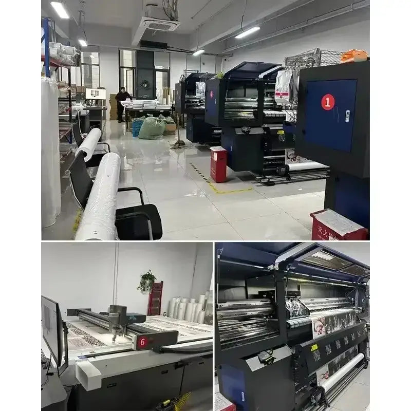 Black industrial inkjet printer with blue accents and multiple rollers printing hero academia retro kraft wall art on fabric