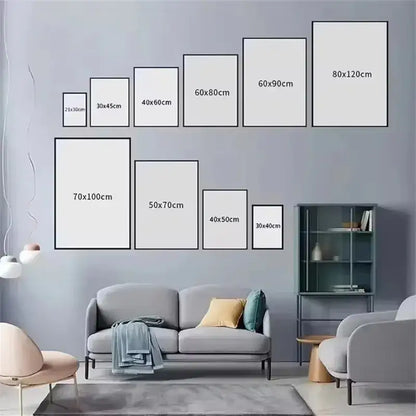 A collection of minimalist white canvas prints in black frames showing dimensions for my hero academia retro kraft wall art