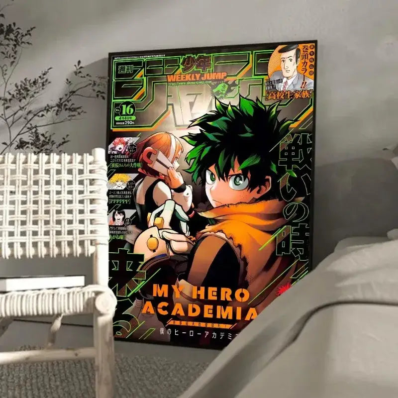 A vibrant black and green hero academia retro kraft wall art poster featuring Deku with spiky hair and an orange scarf