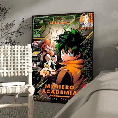 A vibrant black and green hero academia retro kraft wall art poster featuring Deku with spiky hair and an orange scarf