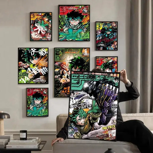 My hero academia deku retro kraft wall art featuring vibrant green and black manga poster on glossy canvas