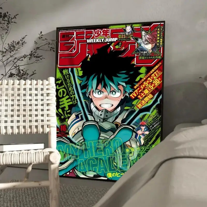 My hero academia deku retro kraft wall art poster featuring vibrant green and red colors with detailed armored outfit