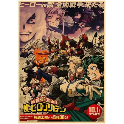 Vintage-style my hero academia dek u retro kraft poster wall art featuring dynamic characters in action poses