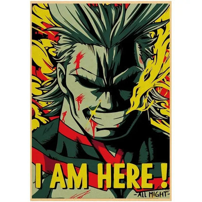 Vibrant retro kraft wall art poster of hero academia featuring fierce anime character deku with green hair and red face streaks