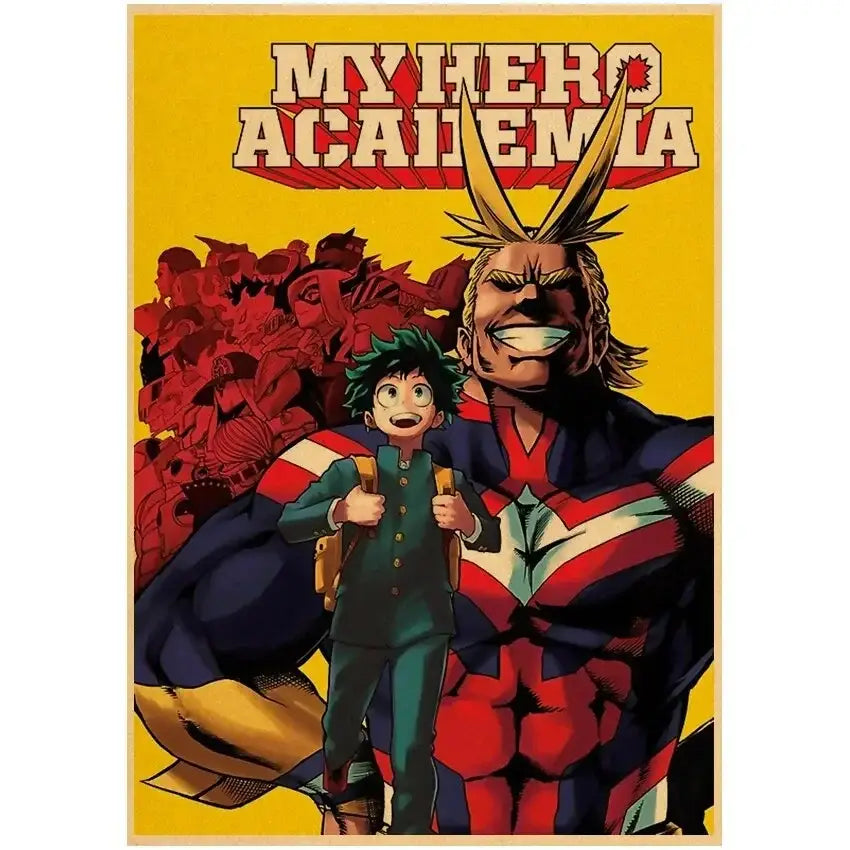 My hero academia deku retro kraft poster wall art featuring main characters in vibrant bold colors and dynamic comic style