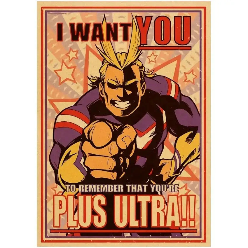 Vibrant retro kraft wall art of All Might from My Hero Academia in his purple yellow and red suit