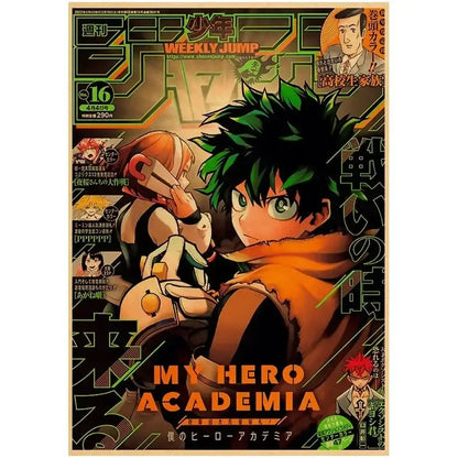 Cover of weekly shonen jump featuring hero academia with izuku midoriya in orange scarf on retro kraft wall art poster