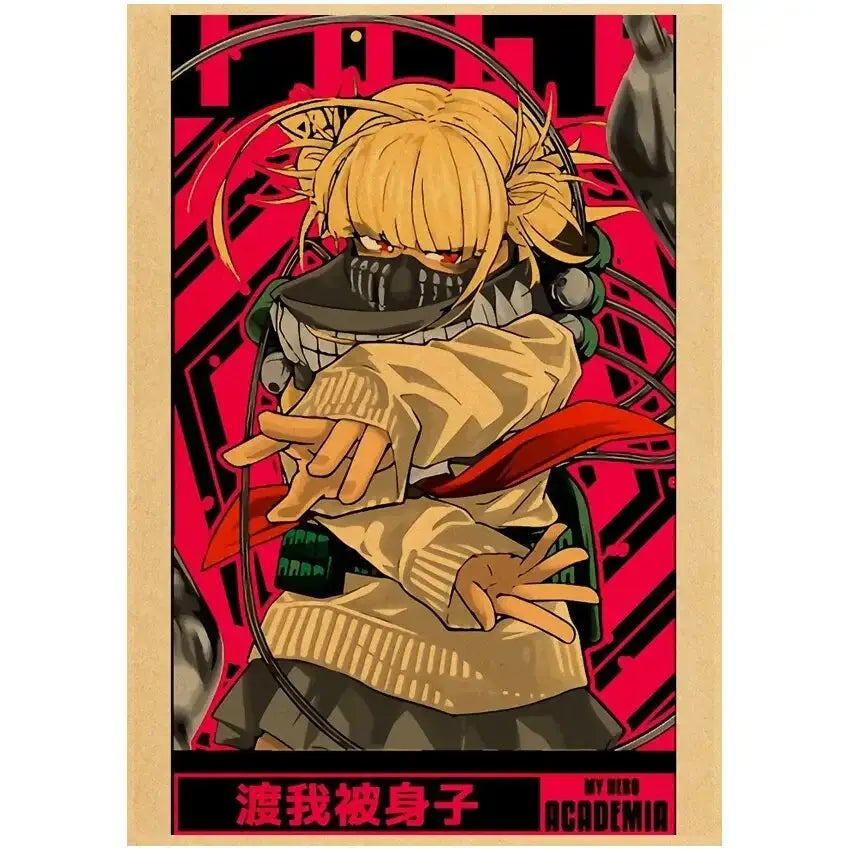 Stylized anime wall art of blonde hero academia character in beige sweater and black mask on bold red retro kraft background