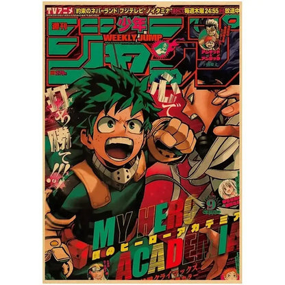 Vibrant green and red my hero academia dekumidoriya manga cover on retro kraft wall art poster for room decor