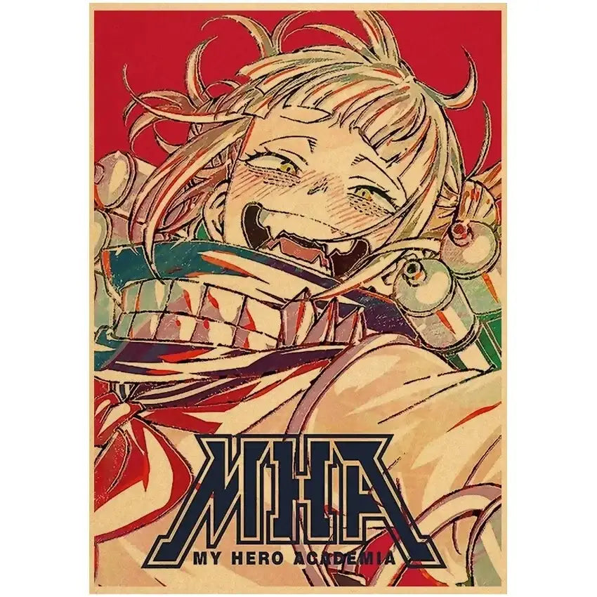 A vibrant red my hero academia deku retro kraft wall art poster featuring a blonde anime character with metallic costume accents