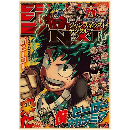 Vibrant red and black hero academia retro kraft wall art poster featuring izuku midoriya from my hero academia