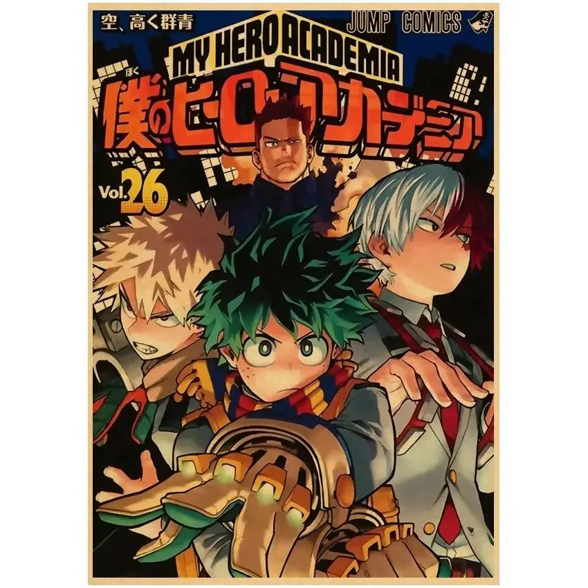 Vintage-style my hero academia deku retro kraft poster featuring brown kraft paper wall art for fans and decor