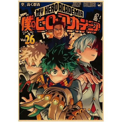 Vintage-style my hero academia deku retro kraft poster featuring brown kraft paper wall art for fans and decor