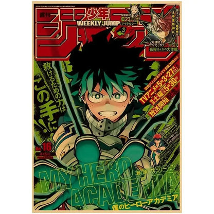Green-haired hero academia character in green and gray suit on retro kraft weekly shonen jump wall art poster