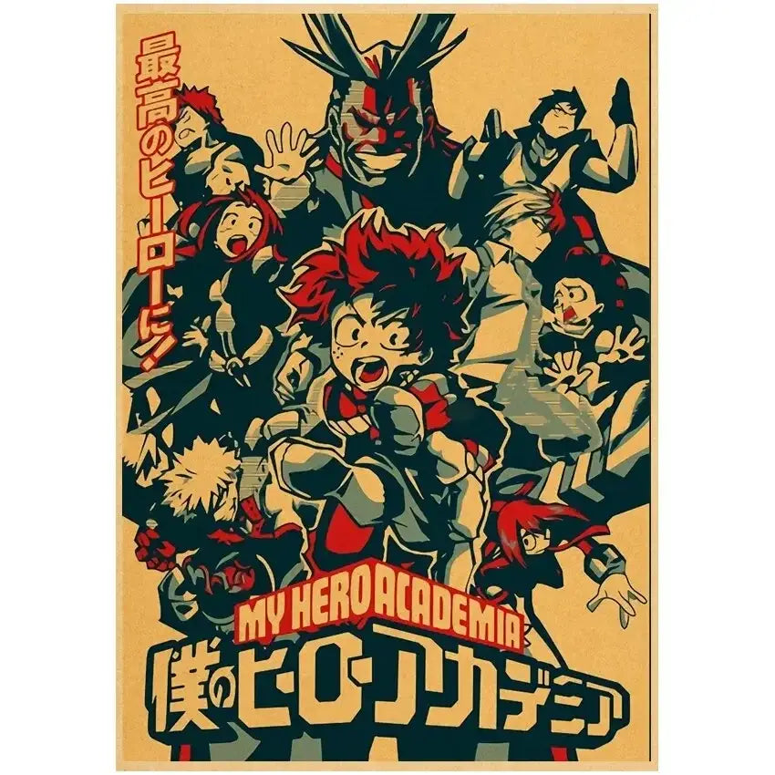 Vintage-style my hero academia dekuposter in bold yellow and red retro kraft wall art for vibrant room decor