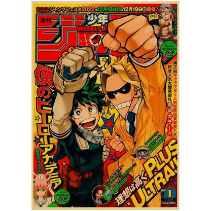 Cover of weekly shonen jump featuring izuku midoriya and katsuki bakugo on my hero academia retro kraft wall art poster