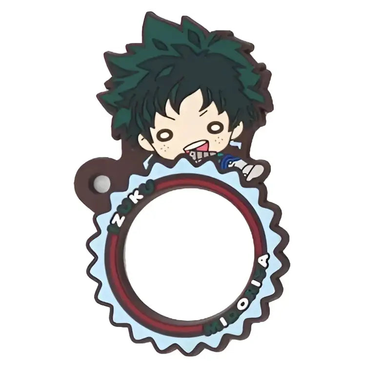 Green-haired my hero academia deku rubber keychain with gear-like frame made of durable pvc material
