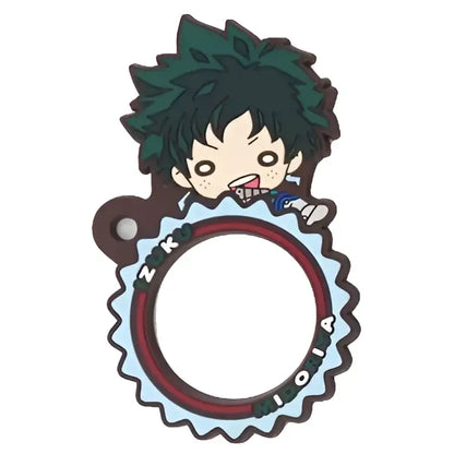 Green-haired my hero academia deku rubber keychain with gear-like frame made of durable pvc material