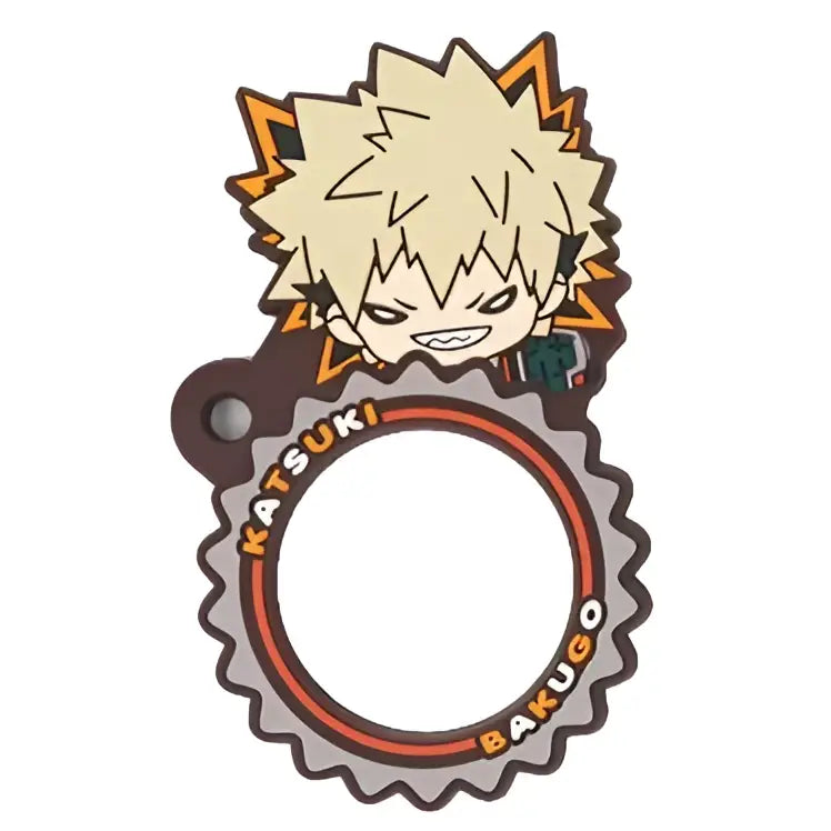 Katsuki bakugo hero academia rubber keychain with spiky blonde hair and orange gear-shaped pvc border