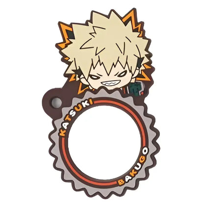 Katsuki bakugo hero academia rubber keychain with spiky blonde hair and orange gear-shaped pvc border